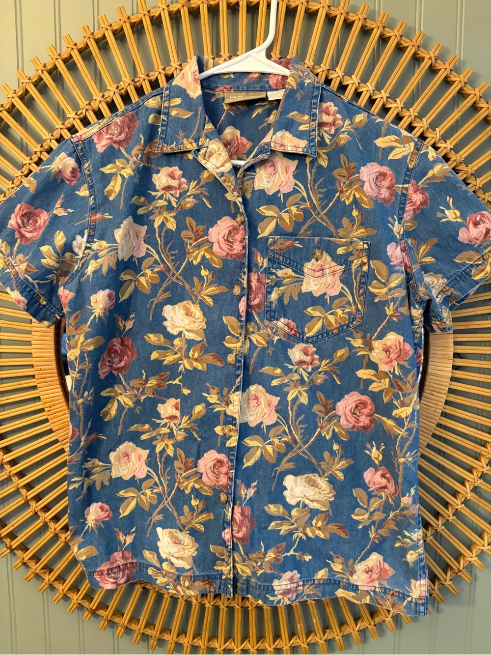 Vintage 90s Lizwear by Liz Claiborne Rose Floral Denim Button-Up Shirt size MP